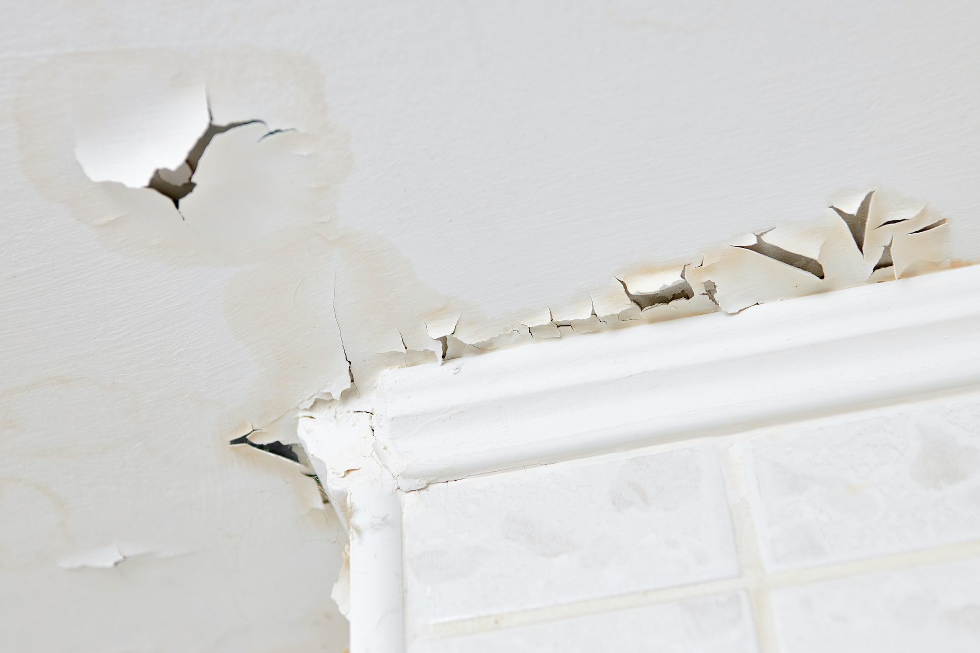 Image of water damage to plaster in the interior ceiling of a home.